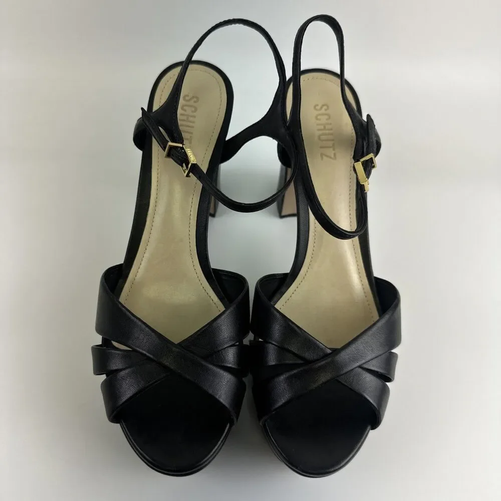 SCHUTZ Keffa Heel Sandal Black Leather Strappy Ankle Buckle High Block Heel 9
